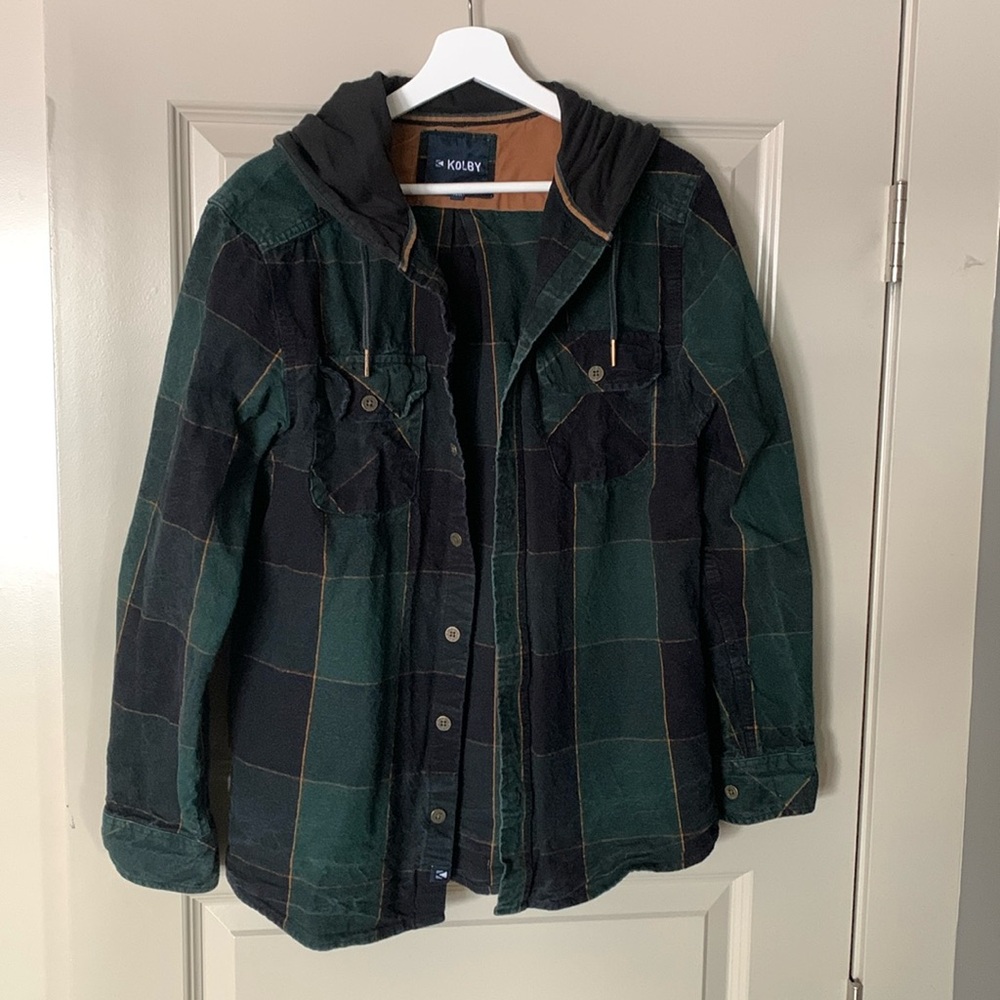 Kolby mens cotton button up with hood